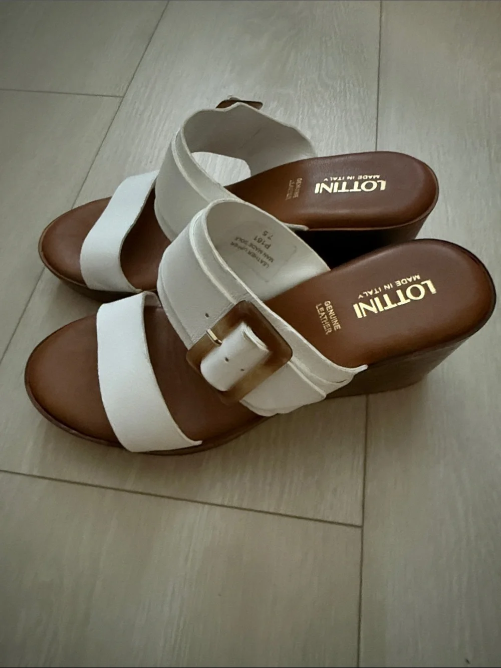 Lottini White Leather Wedge Slide Sandals with Buckle